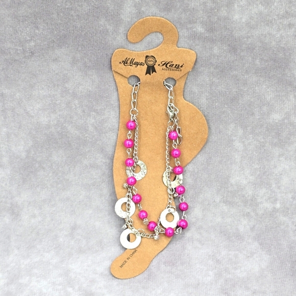 Pink Silver Bead Circle Rhinestone Charm Fashion Jewelry Foot Anklet JB2-36 - Picture 1 of 2